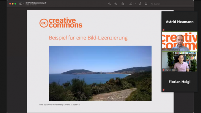 Screenshot mit Folie zu einem Beispiel einer Bild-Lizenzierung, dem Vortragenden und den Moderatoren